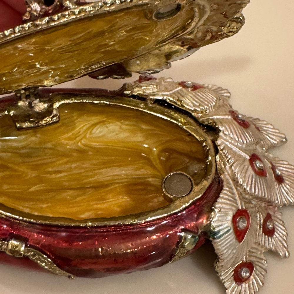 Jeweled Metal and Enamel Peacock Trinket Box With Magnetic Closure - Picture 9 of 11
